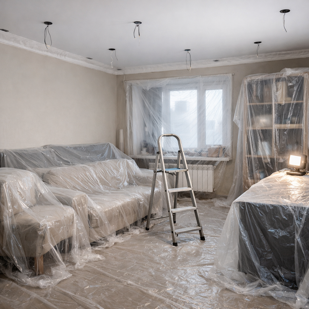 Vorbereitung für Spanndecken-Montage – Möbelschutz und Abdeckung